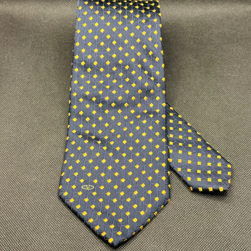 Vintage 1990s Valentino Navy Blue Yellow Diamond Silk Tie 4